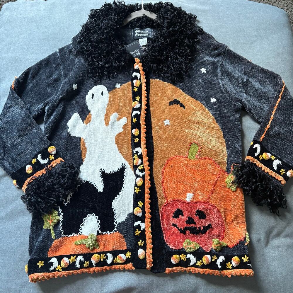 VTG Halloween Mischief Nights Cardigan XL Ghost Pumpkin Witchy Boho 3D